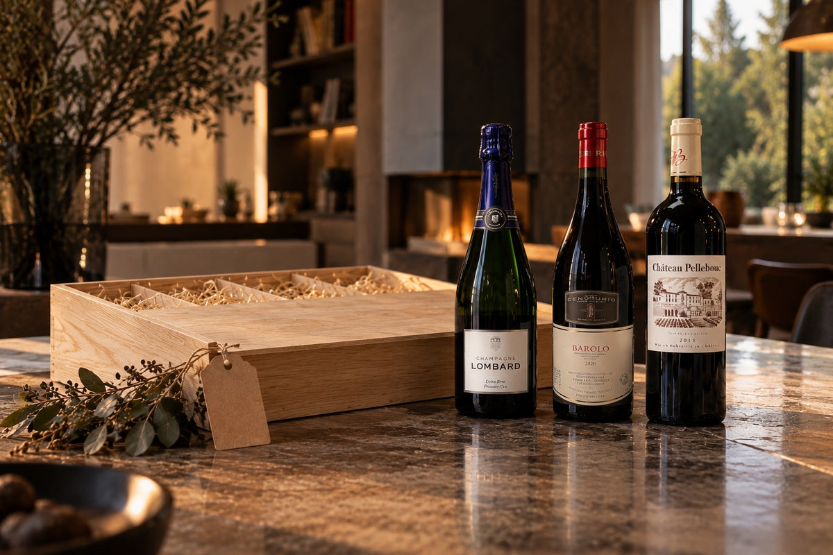 Champagne Lombard, Barolo en Château Pellebouc naast een houten wijnkist met houtwol