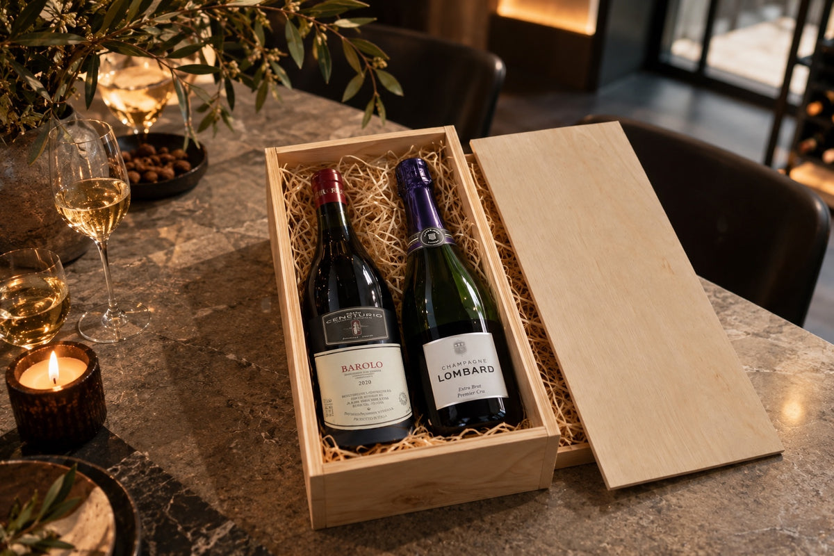 Barolo en Champagne Lombard in een houten wijnkist met houtwol op tafel